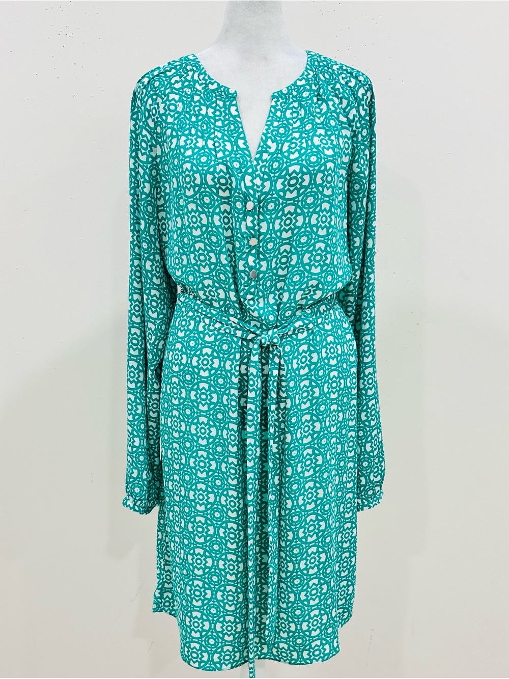 Banana Republic Green Geometric Print Shirt Dress - Long Sleeve Belted Midi Sz 8